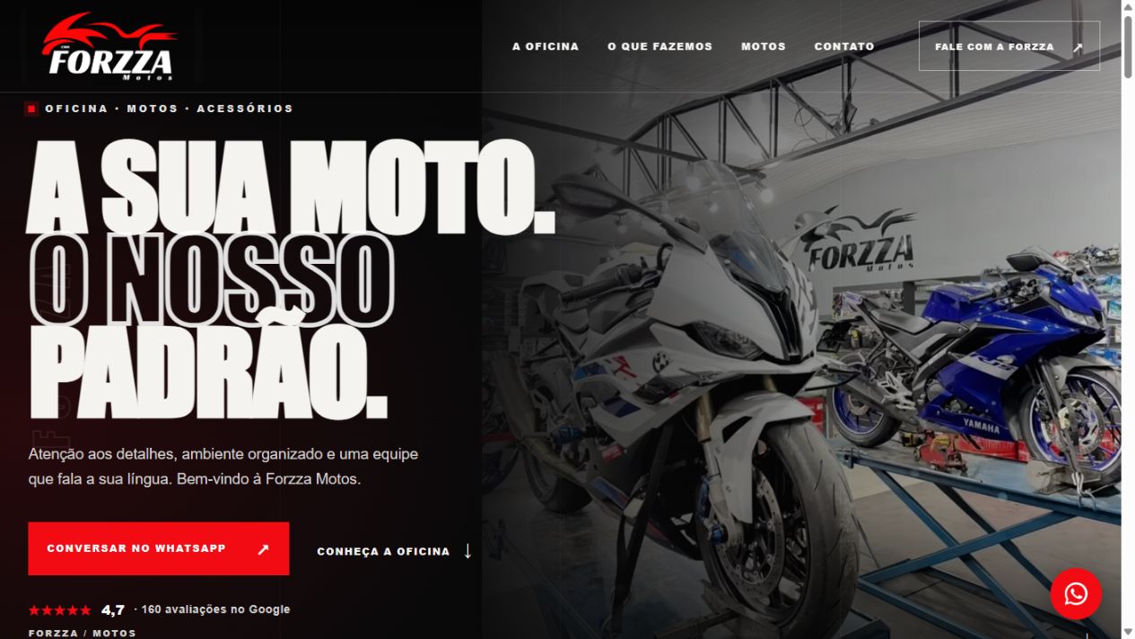 Site Forzza Motos com tipografia expressiva e fotografia da oficina.