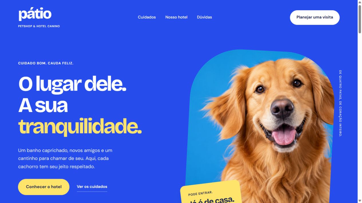 Site Pátio, com fundo azul, título O lugar dele e a imagem de um cão dourado.
