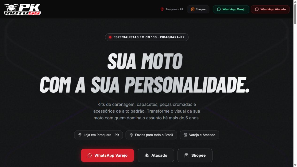 Página da PK Motoss com identidade escura e vermelha e chamada Sua moto com a sua personalidade.